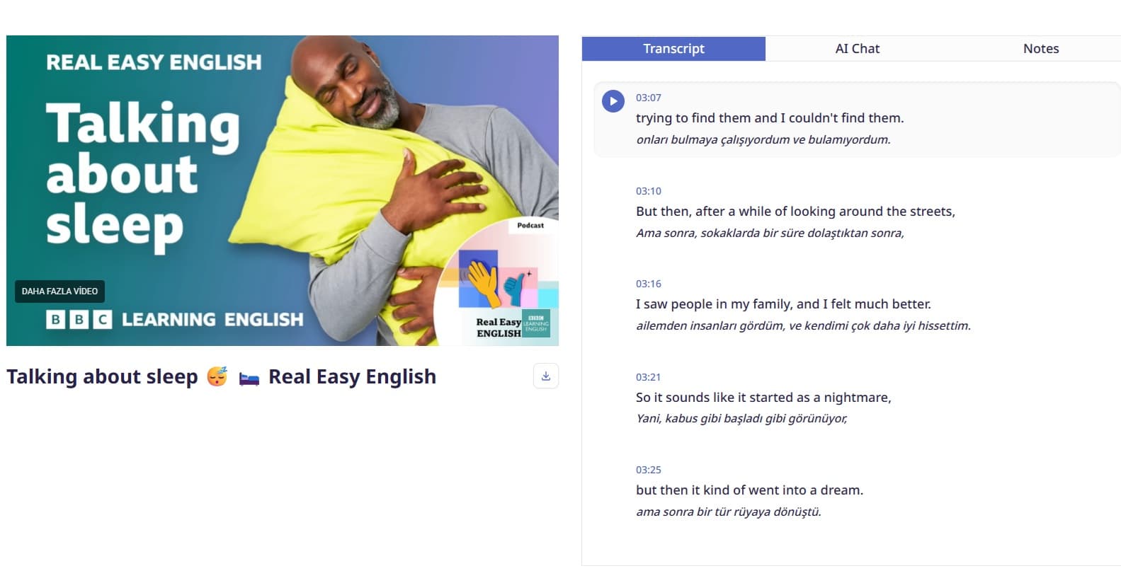 Tombik synchronized transcript view showing English text with Turkish translations synced to video timestamps