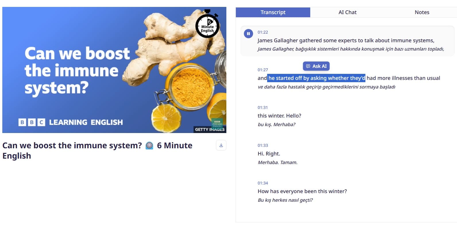 Tombik instant translation popup showing word definition and translation